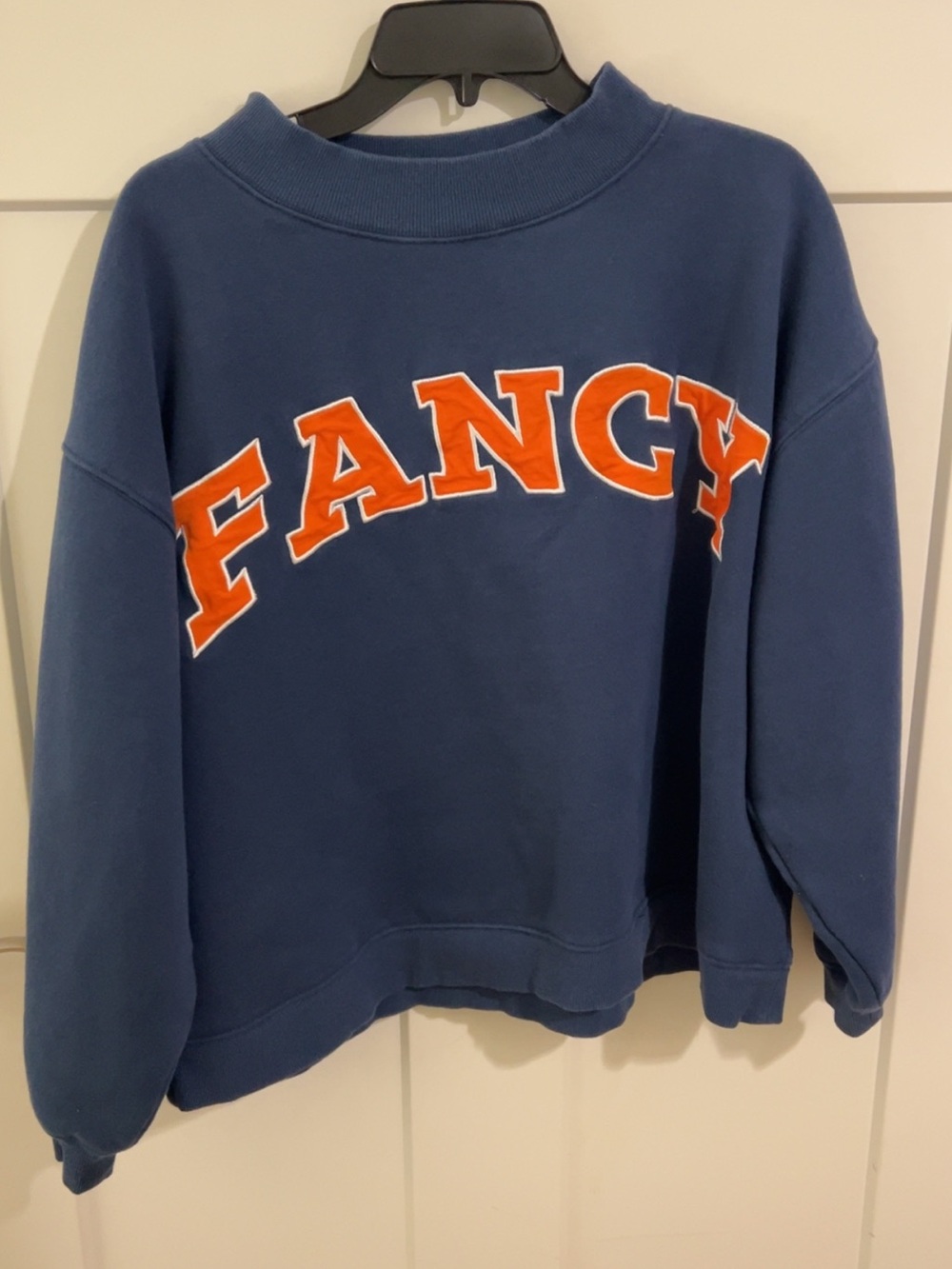 Blue Crewneck Sweater with Orange 'FANCY' Applique